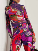Unique Retro Abstract Print Mesh Long-Sleeved Top