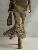 Elegant Camouflage Knit V-neck Fringed Hem Maxi Dress