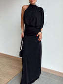 Elegant One-shoulder Black Stand-up Collar Maxi Dress