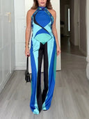 Exquisite Geometric Print Asymmetric Satin Two-piece Set