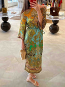 Unique Paisley Print Long Sleeve Maxi Dress