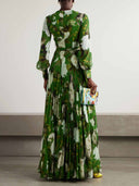 Elegant Pleated Rose Floral Print Lace-up Maxi Dress