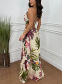 Bohemian Apricot Backless Printed Slit Party Maxi Dress