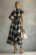 Checked Pattern Stand-Collar Short-Sleeved Dress