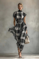 Checked Pattern Stand-Collar Short-Sleeved Dress