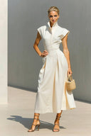 Stand-Collar High-waisted Midi Dress