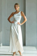 Slanted Collar High-Waist A- Line Maxi Dress