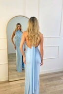 Halter-Neck Pleated Slit Maxi Dress