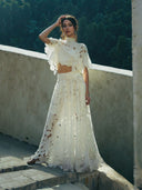 Elegant High-Neck Embroidered Lace Short Shirt & Skirt Two-Piece Set