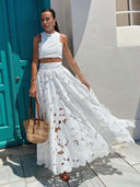 Elegant Openwork Floral Lace Short Vest Two-piece Set