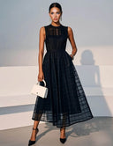 Elegant Sheer Mesh Pattern Midi Dress