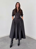 Elegant Long-Sleeve Tie-Waist Shirt Midi Dress
