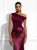 Elegant One-Shoulder Satin Pleated Mermaid Maxi Dress