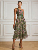 Elegant Floral Print Ruched One-Shoulder Sheer Maxi Dress – Monsseas