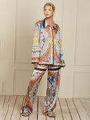 Unique Satin Sunshine Print Turn-Down Collar Loose Fit Shirt And Elastic Waist Wide Leg Pants Set
