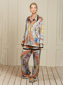 Unique Satin Sunshine Print Turn-Down Collar Loose Fit Shirt And Elastic Waist Wide Leg Pants Set