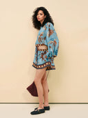 Boho Print Color Block Drawstring Drop Shoulder Top and Shorts Set
