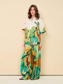 Unique Modern Linen Abstract Print Button-Up Shirt And Loose Wide-Leg Pants Set
