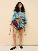 Boho Print Color Block Drawstring Drop Shoulder Top and Shorts Set