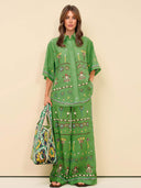 Unique Casual Sunny Dancer Print Button-Up Shirt Fitted Waist Loose Wide-Leg Pants Set