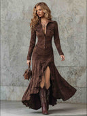 Retro Irregular Ruffled Collared Maxi Dress