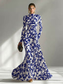 Casual Abstract Print High-Neck Pleated Mermaid Maxi Dress