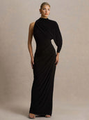 Elegant Asymmetrical One-Sleeve Draped Maxi Dress
