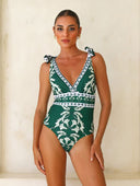 Retro Baroque Print Deep V-Neck One-Piece Swimsuit Set