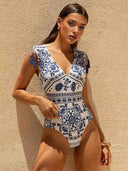 Elegant Porcelain Print Tassel One-piece Swimsuit