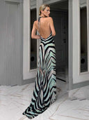 Retro Zebra Print Backless Mermaid Evening Maxi Dress