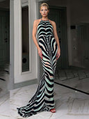 Retro Zebra Print Backless Mermaid Evening Maxi Dress