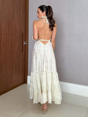 Bohemian Embossed Halter Neck Tiered Maxi Dress