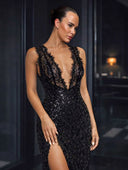 Elegant Lace-trimmed Deep V-neck Sequined Maxi Dress