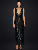 Elegant Lace-trimmed Deep V-neck Sequined Maxi Dress