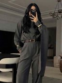 Elegant Draped Shawl Shirt & Wide-Leg Pants Two-Piece Set