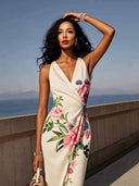 Elegant Floral Print Satin Mermaid Maxi Dress