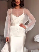 Elegant Openwork Knit Top And Satin Dress Two-piece Set