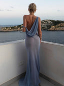 Fashion Mesh Sexy Off-Shoulder Ruched Maxi Dress