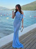Fashion Mesh Sexy Off-Shoulder Ruched Maxi Dress