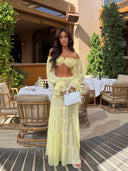 Fashion Off Shoulder Long Bell Sleeve Crop Top and Elastic Waist Layered Cover-up Maxi Skirt Set