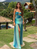 Sexy Printed Side-Slit Draped Maxi Dress