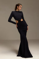 Fashion Pleated Long-Sleeve Cutout Maxi Dress