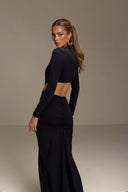 Fashion Pleated Long-Sleeve Cutout Maxi Dress
