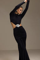 Fashion Pleated Long-Sleeve Cutout Maxi Dress
