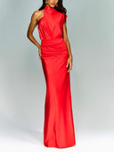 Elegant Asymmetric Neckline Pleated Party Maxi Dress