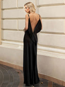 Sexy Elegant Black Satin Side-Slit Maxi Dress