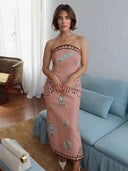 Elegant Strapless Printed Midi Dress