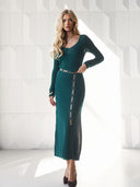 Elegant Sheer Knit V-Neck Long Sleeve Maxi Dress