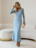 Elegant Sheer Knit V-Neck Long Sleeve Maxi Dress