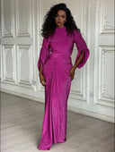 Elegant Metallic Knit Drawstring Sleeve Maxi Dress